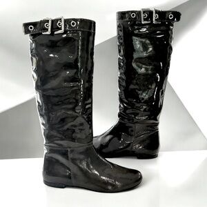 Patent Tall  Boots with Buckle Trim - Black/Grey
